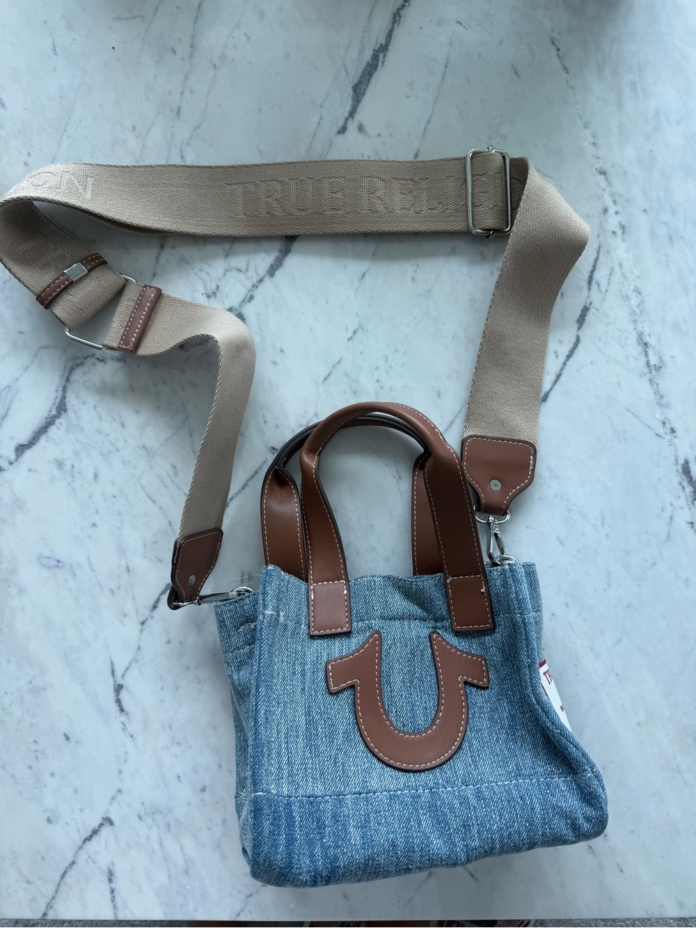 True Religion Denim Mini Tote with Brown Leather Trim and Tan Strap